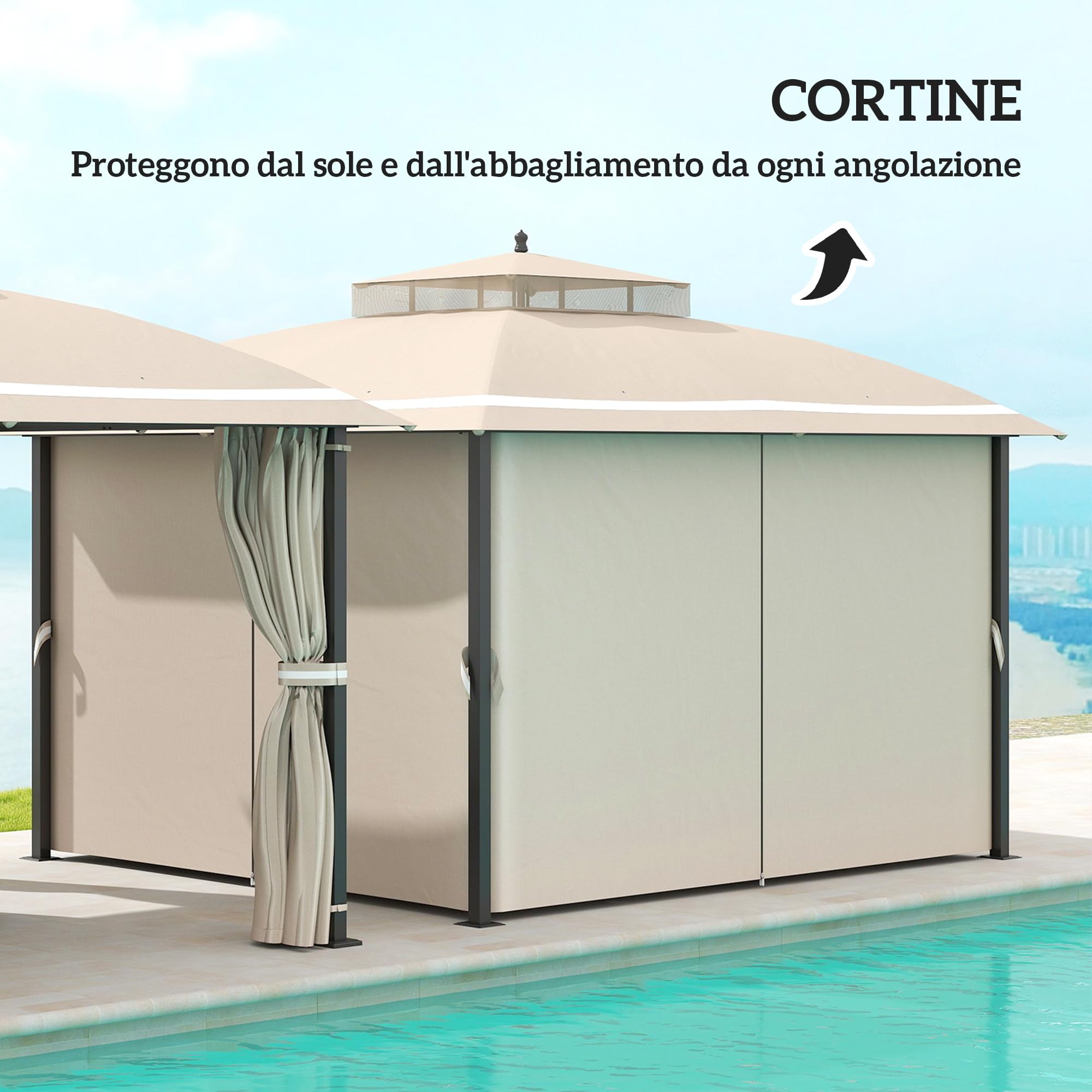 Outsunny Gazebo da Giardino 3.7x3m con Zanzariere, Doppio Tetto, Fori di Drenaggio e Pareti Laterali, Gazebo da Esterno in Metallo e Poliestere, per Giardino, Feste, Campeggio, Protezione UV, Beige