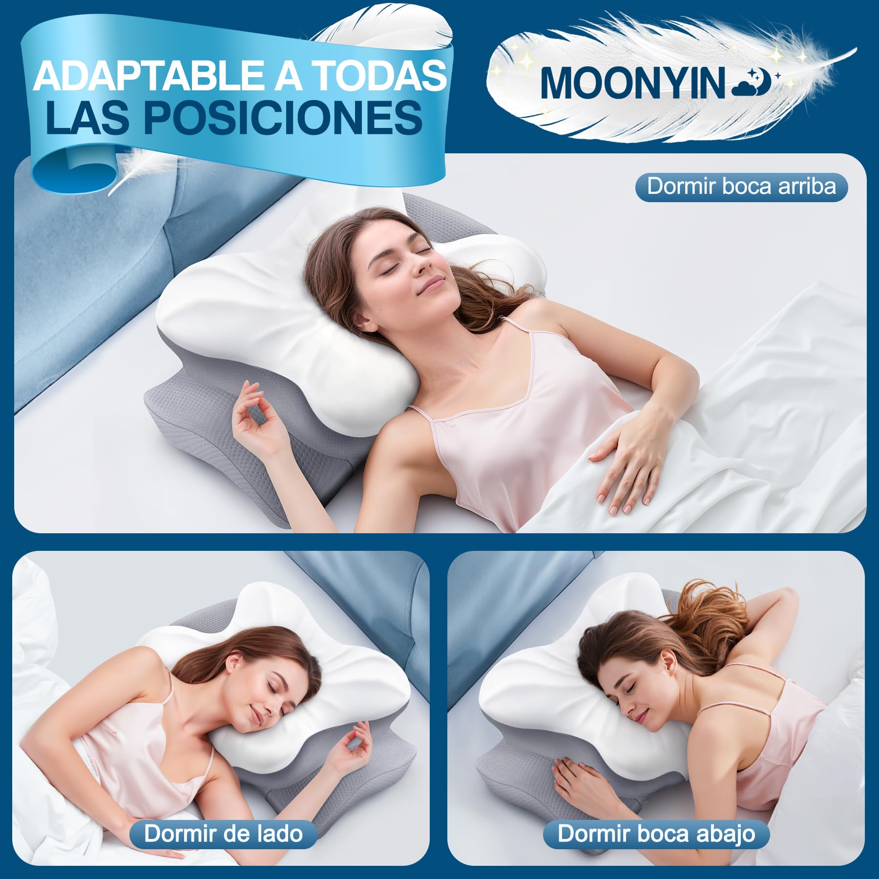 Almohada Cervicales y Cuello, Almohada Ergonómico Espuma de Memoria, Diseño Mariposa, Tecnología de Enfriamiento, Dormir de Lado, Espalda y Estómago Rendimiento Diseño