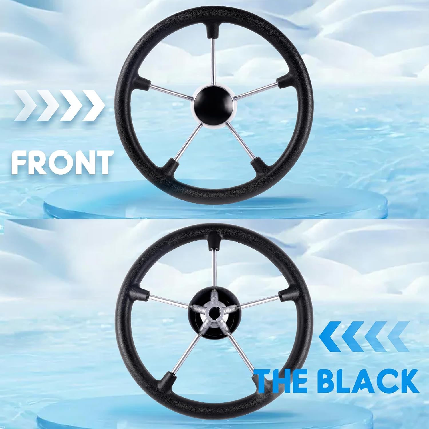 RASTP Boat Steering Wheel, 5 Spoke 13-1/2 Inch Stainless Steel Steering Wheel Black PU Foam