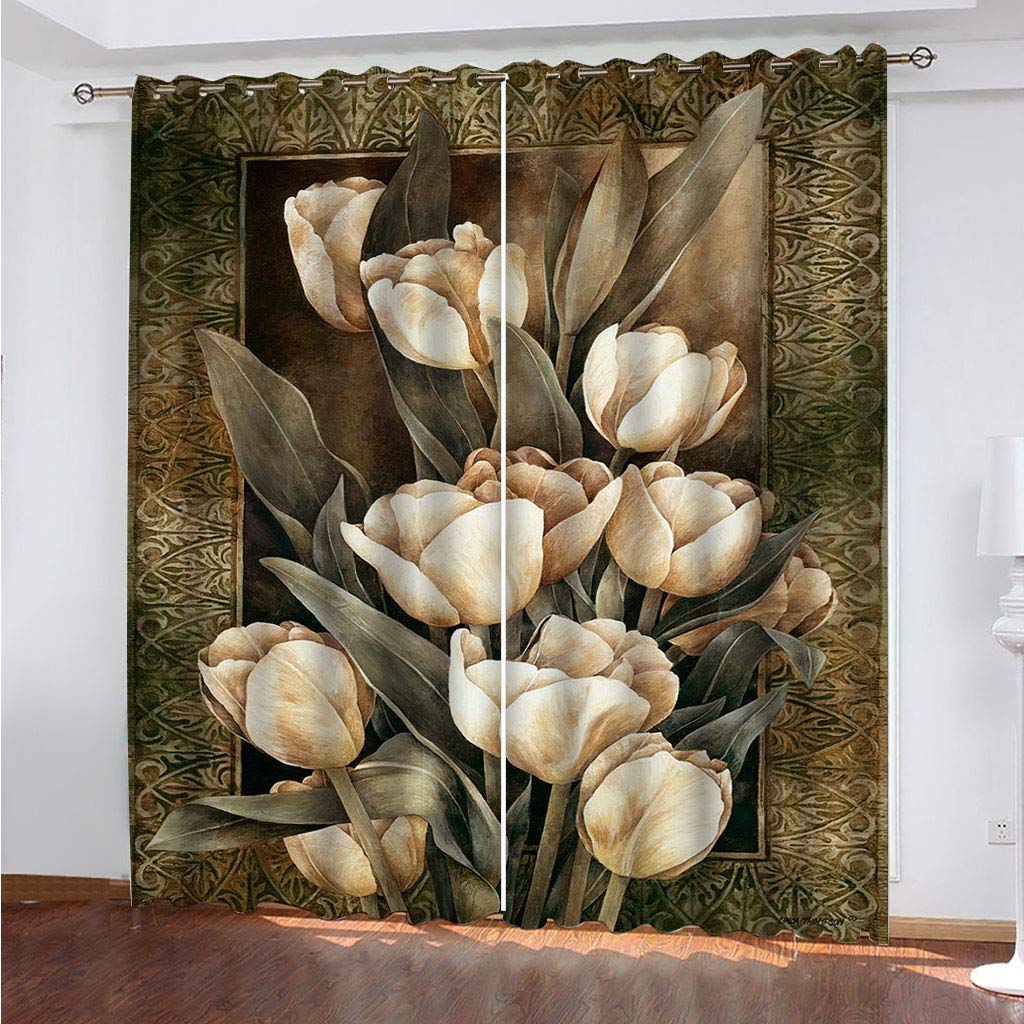 Rideaux à oeillets 3D tulipes brun-vert pour chambre enfant