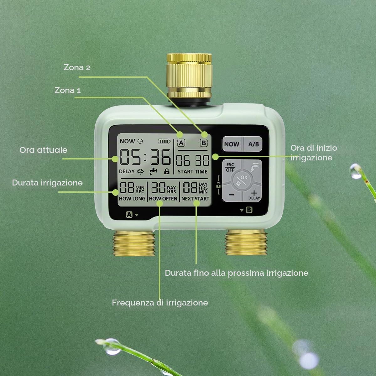 Johgee Centralina di irrigazione a 2 uscite, con ingresso e uscita in ottone, orologio digitale per irrigazione con display LCD, controllo automatico/manuale, timer, per giardino