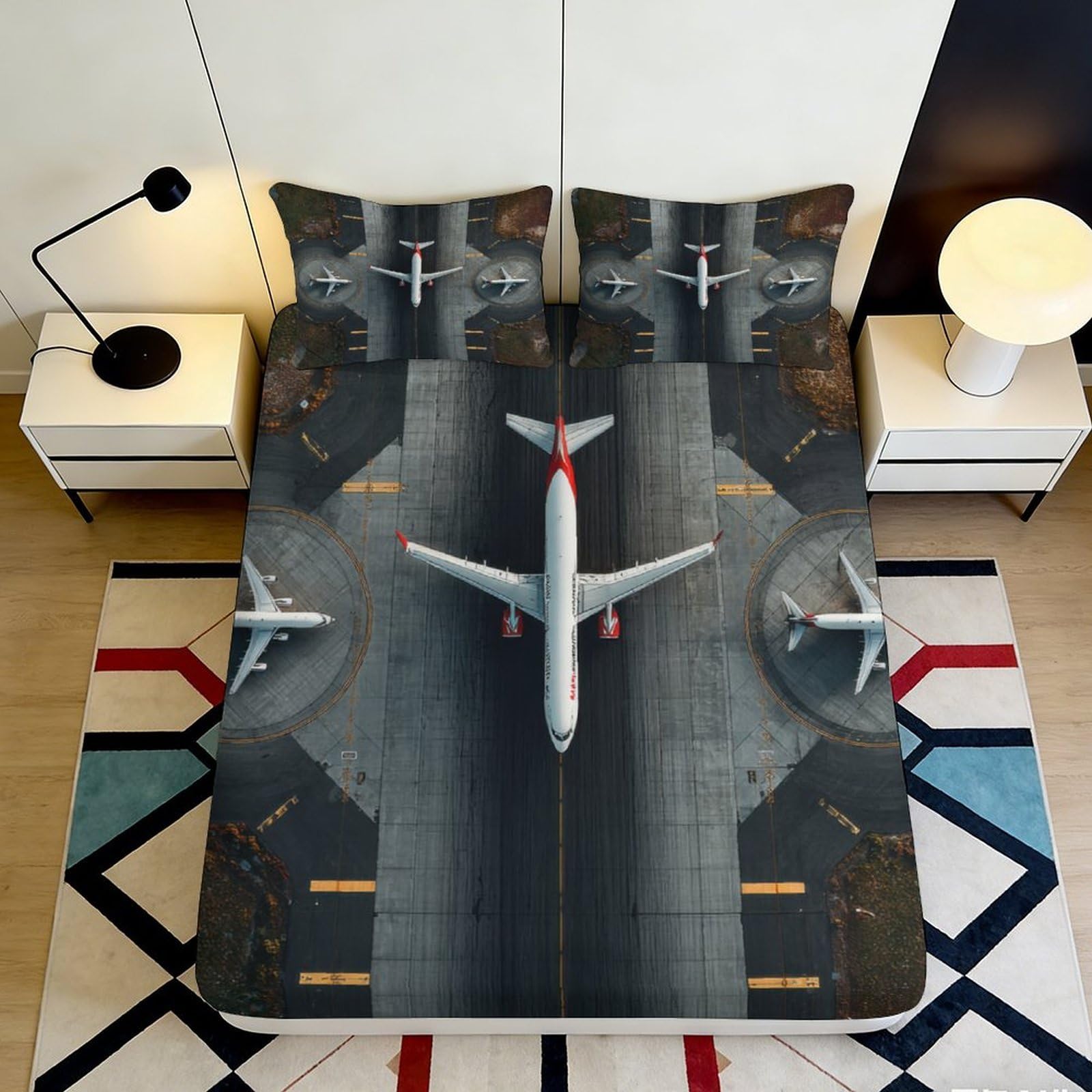 3D Printed Runway Aircraft Fitted Sheet Microfiber Soft Breathable Airport Plane Bed Cover for Bedroom Dorm Decor 90x200x25cm