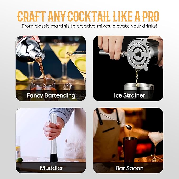 Set de Coctelera Bartender con 10 Herramientas y Soporte de Bambú - Plateado miniatura 6
