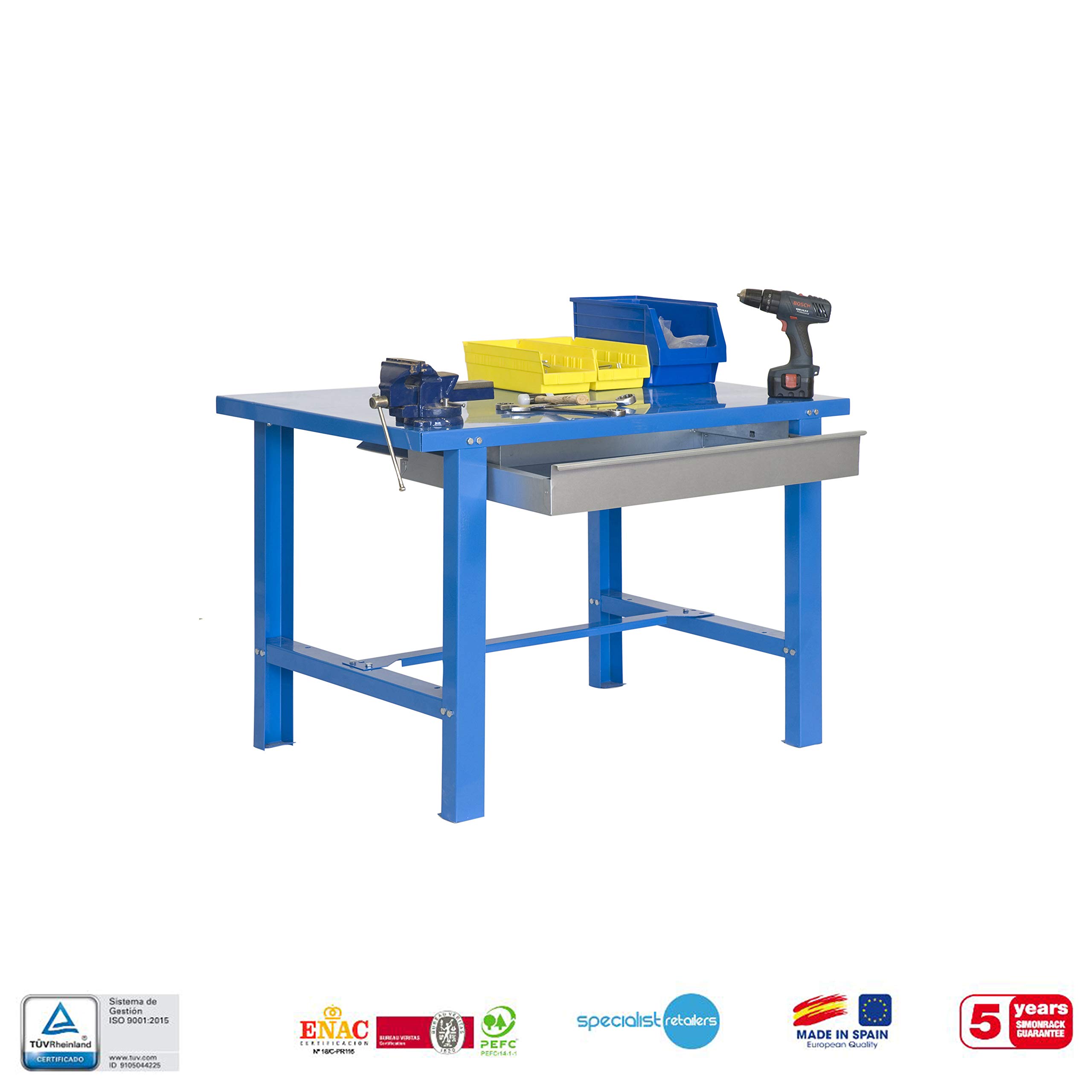 Simon Rack Mesa de Trabajo Taller con cajón 1200x730 mm - BT6 | Tablero Metal, Capacidad Carga 600 kg, Azul, Pintura anticorrosión