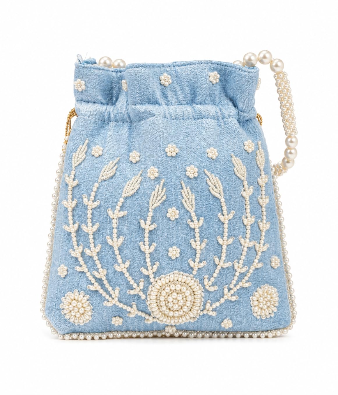 Pearl Embellished Denim Potli Bag, Light Blue, Floral Beadwork, Drawstring Potli with Pearl Handle-image-23
