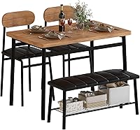 Vista 1 de Juego de mesa de comedor para 4, mesa de cocina con banco y sillas, banco de reunión industrial con marco de metal y estante de almacenamiento