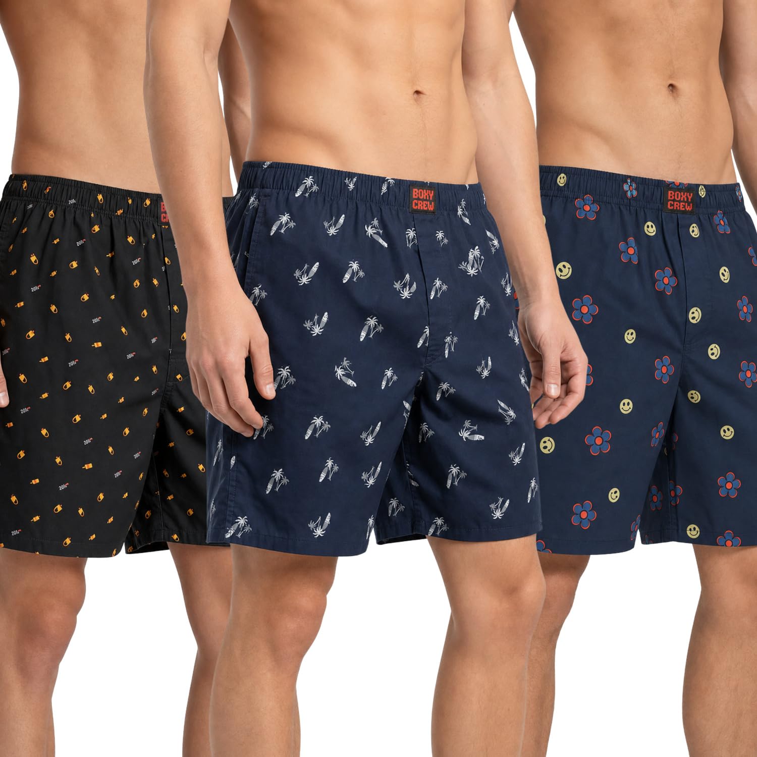 Men's 100% Cotton Printed Boxer Shorts Pack of 3 with Dual Side Pockets and Fabric-Covered Waistband - Black/Navy Blue/Navy Blue, Styles MBX016, MBX025, MBX029-picture-55
