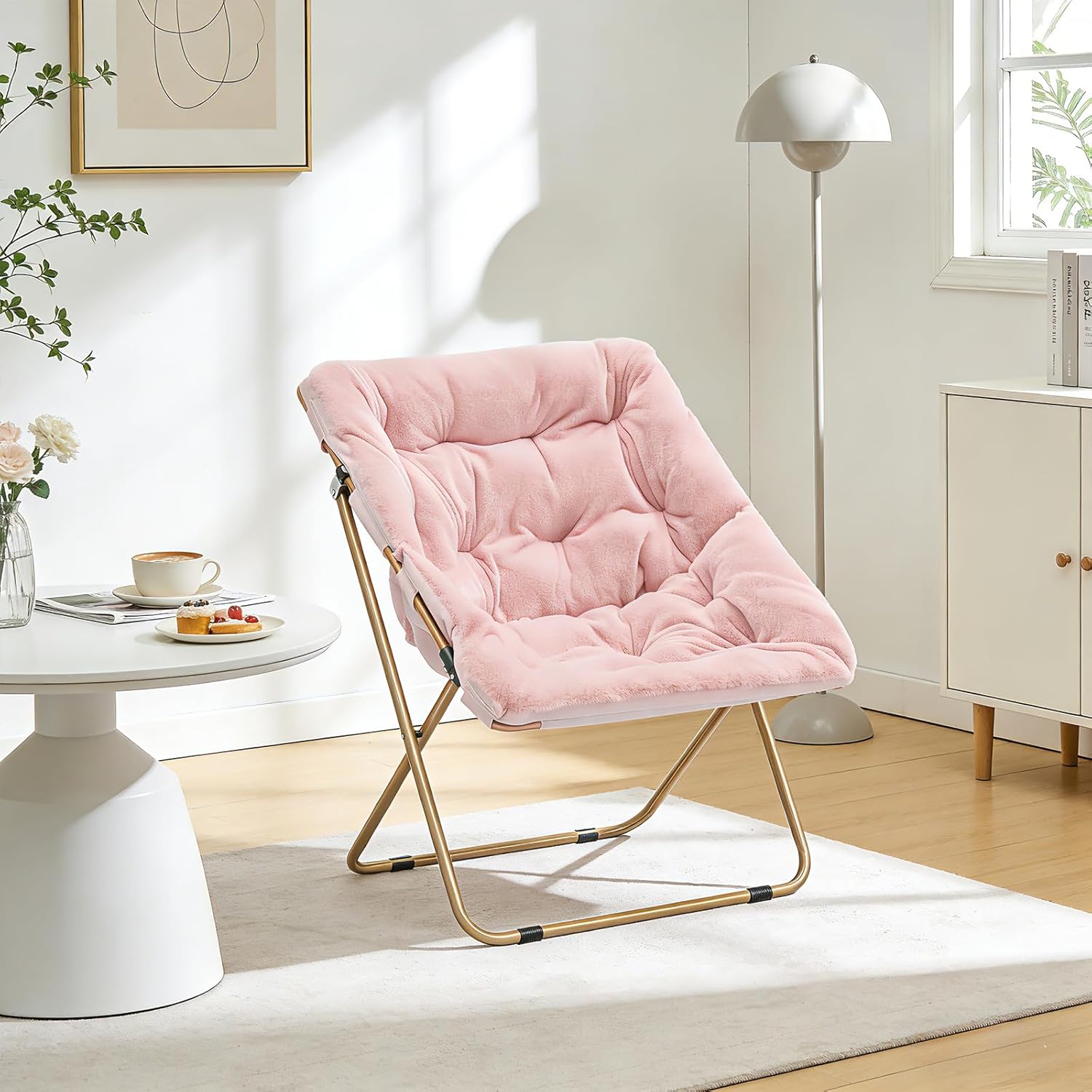 Magshion Folding Saucer Chair for Adults Comfy Lounge Reading Seat Accent Chair Faux Fur Lazy Seating with Thick Padded Metal Frame for Bedroom Living Room Small Space (Pink)