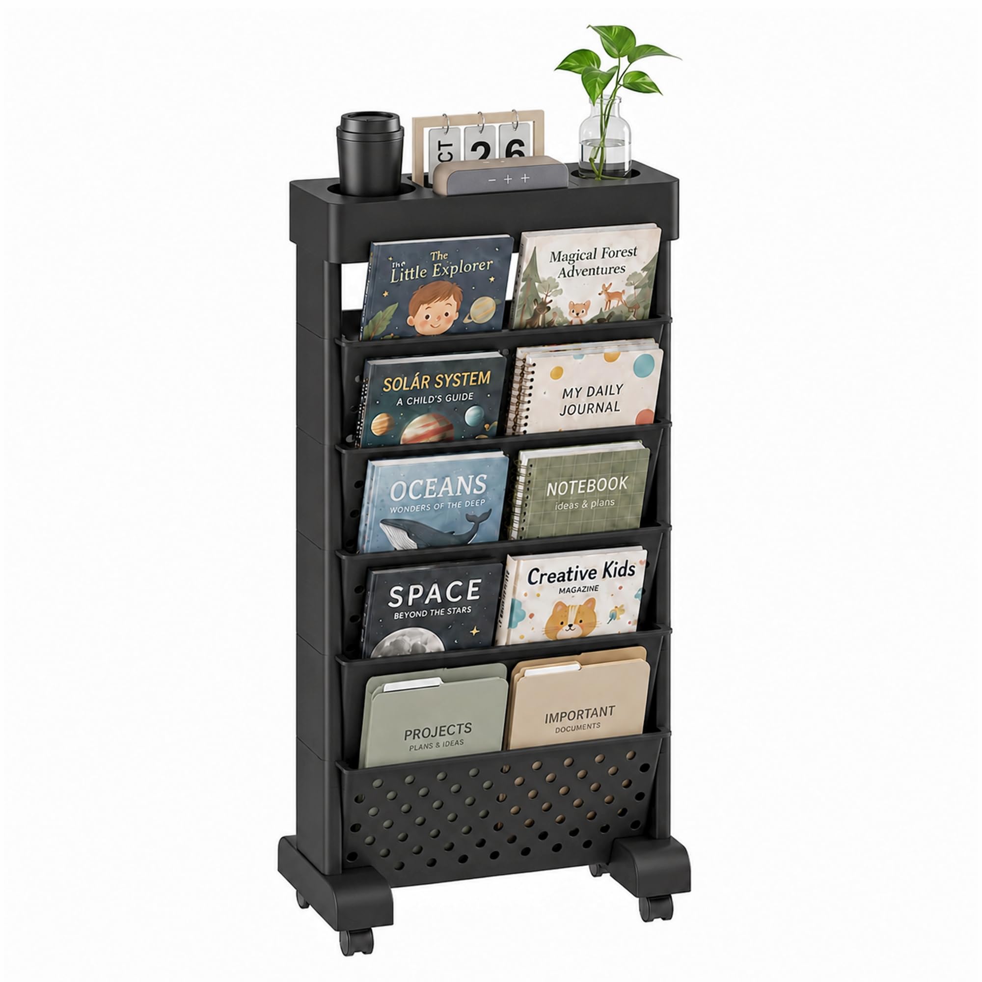 Photo 1 of POBOMULI 6-Tier Rolling Book Cart, Black, for Study Room & Office
