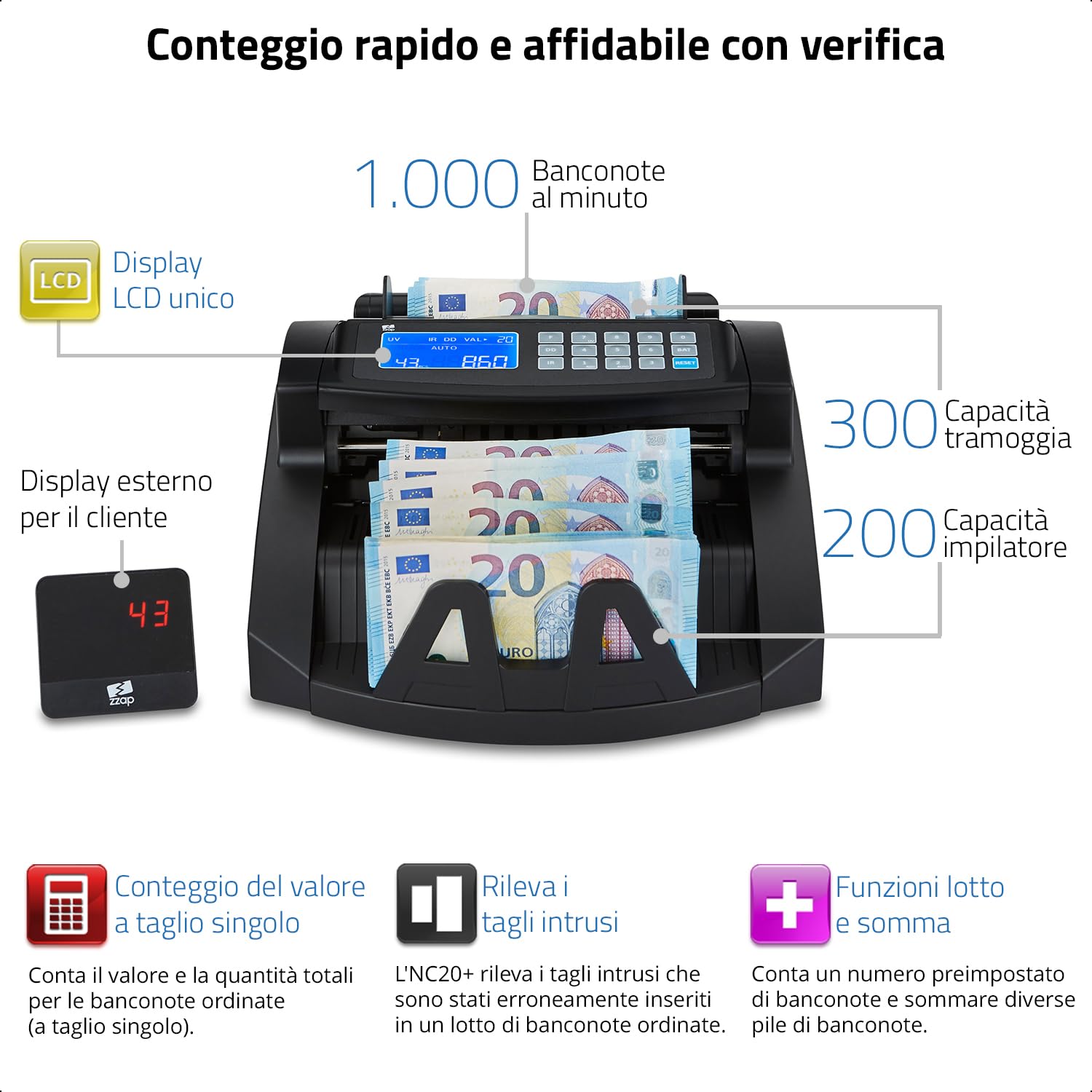 ZZap NC20+ Contabanconote e Verificatore di Banconote False - Conta 1.000 banconote al minuto, conteggio in lotti, rilevamento di banconote false a 4 livelli e molto altro!