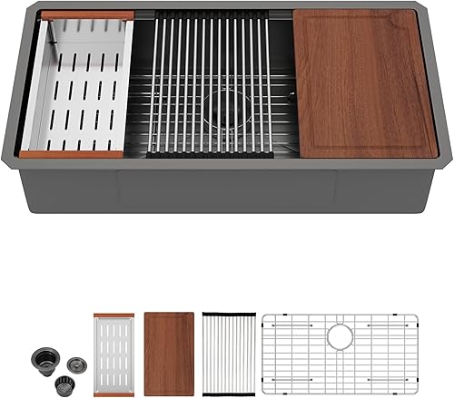 Miniatura 234 de Lordear Fregadero de cocina de montaje inferior de 23 pulgadas, estación de trabajo, fregadero de cocina de acero inoxidable calibre 16, cuenco