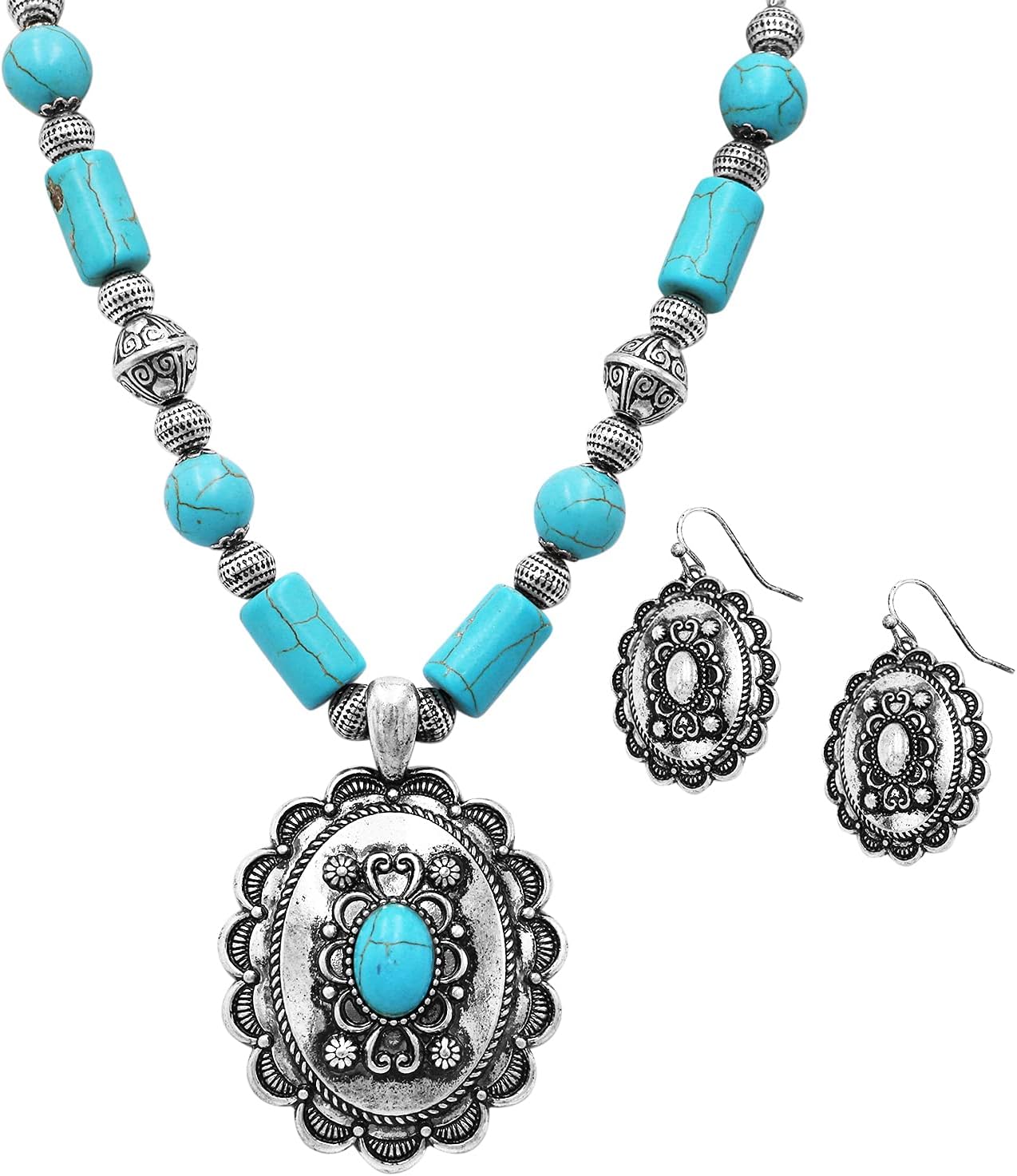 Rosemarie & Jubalee Women’s Cowgirl Chic Western Style Statement Turquoise Howlite Stone Concho Pendant Necklace Earrings Set, 18"+3" Extender