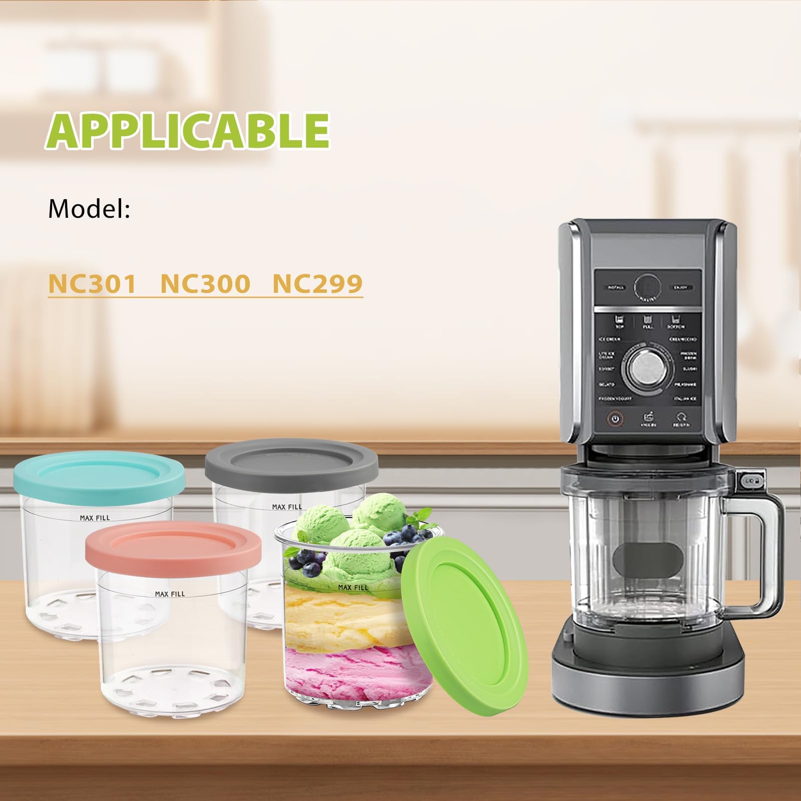 4 Contenedores Creami para Máquina de Helados Ninja, Compatibles con NC301 NC300 NC299, Aptos para Lavavajillas, Antifugas con 4 Tapas y Cucharas Incluidas
