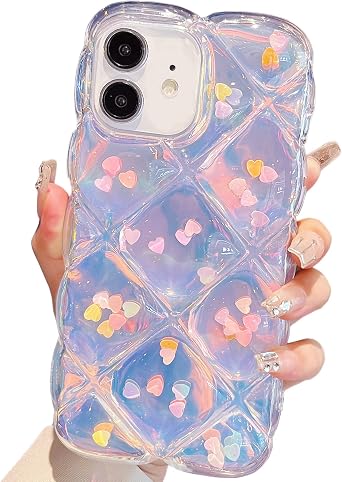 Qokey for iPhone 12 Case 6.1 inch,Cute Laser Gradual Bling Love Heart Glitter Clear+Translucent Card Soft Wave Frame Anti-Falling 3D Thick Shockproof Phone Cover for Women