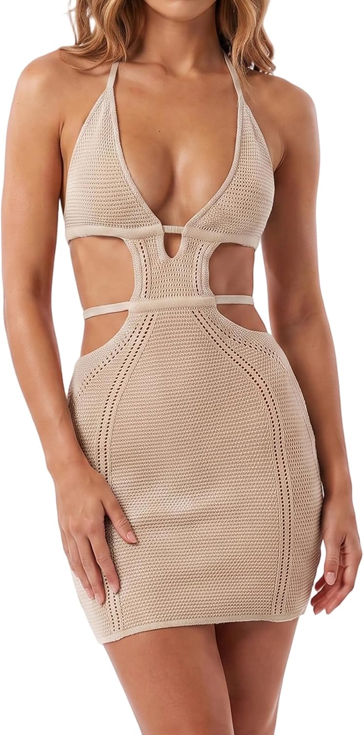 Women's Halter Bodycon Mini Dress Sleeveless Tie Backless Hollow Out Corset Knit Wrap Beach Dress Summer 2026