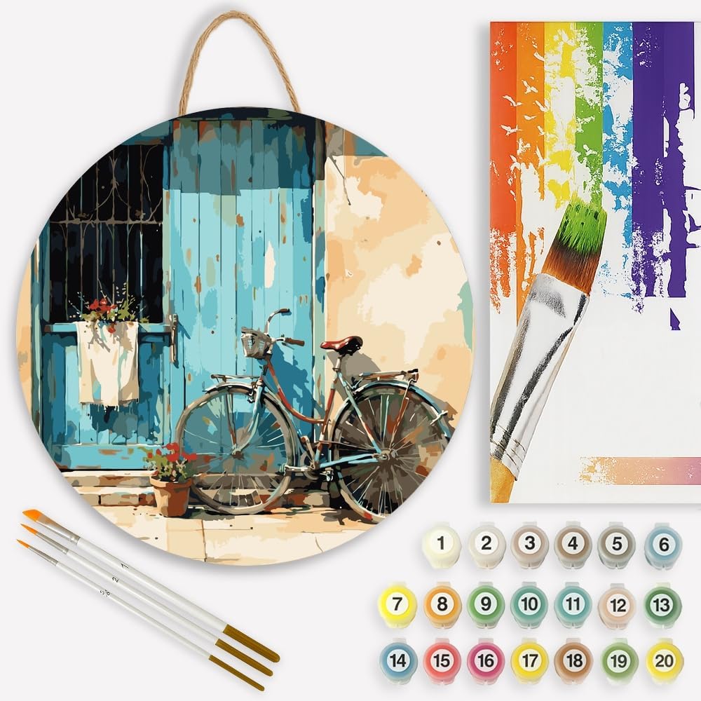 Rustic Bicycle Paint by Numbers Kit for Adults on Wood Board – DIY Blue Door and Nostalgic Bike Wood Craft Painting Kit, 12 in Round, Acrylic Paint Set, Beginner-Friendly, Relaxing Home Decor Gift