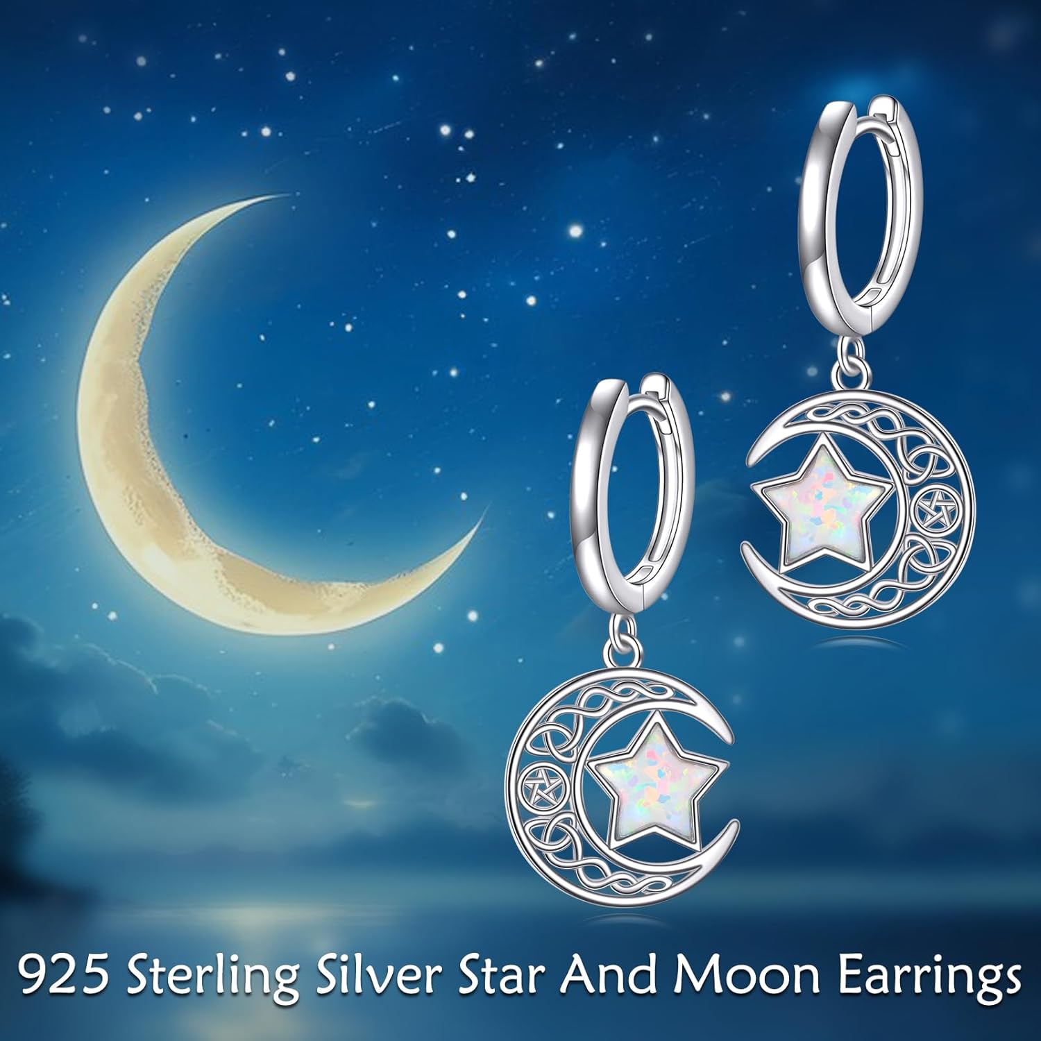 Star Moon Earrings Sterling Silver Celtic Moon Dangle Earrings Opal Star Jewelry Celtic Gifts for Women
