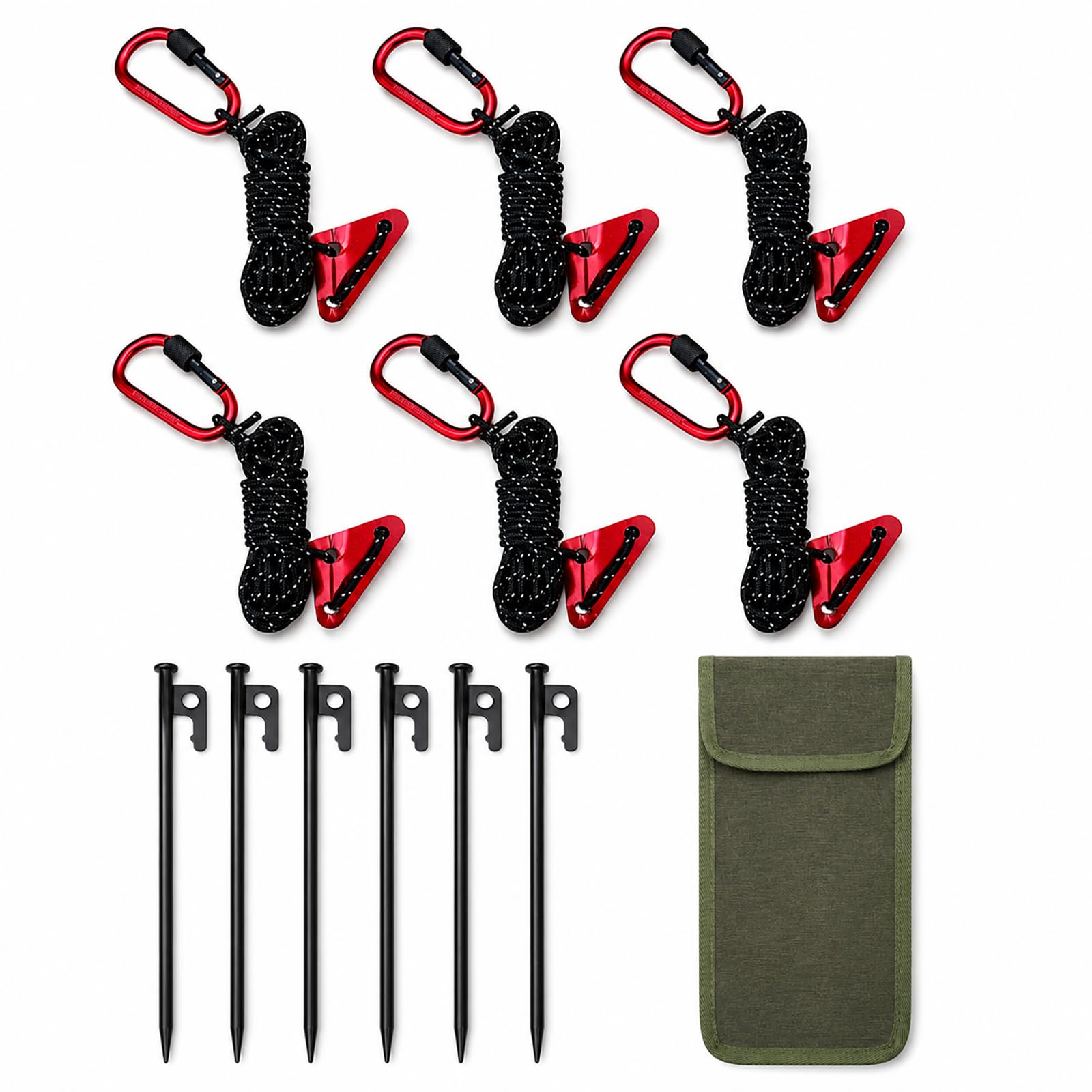 Camping Guyline Kit with Carabiner, 6 x 4m Reflective Tent Guy Ropes, 6 x 30cm Metal Tent Pegs, Rope Tensioners and Carry Pouch for Tents, Tarps, Canopies, Awnings and Shelters，Black