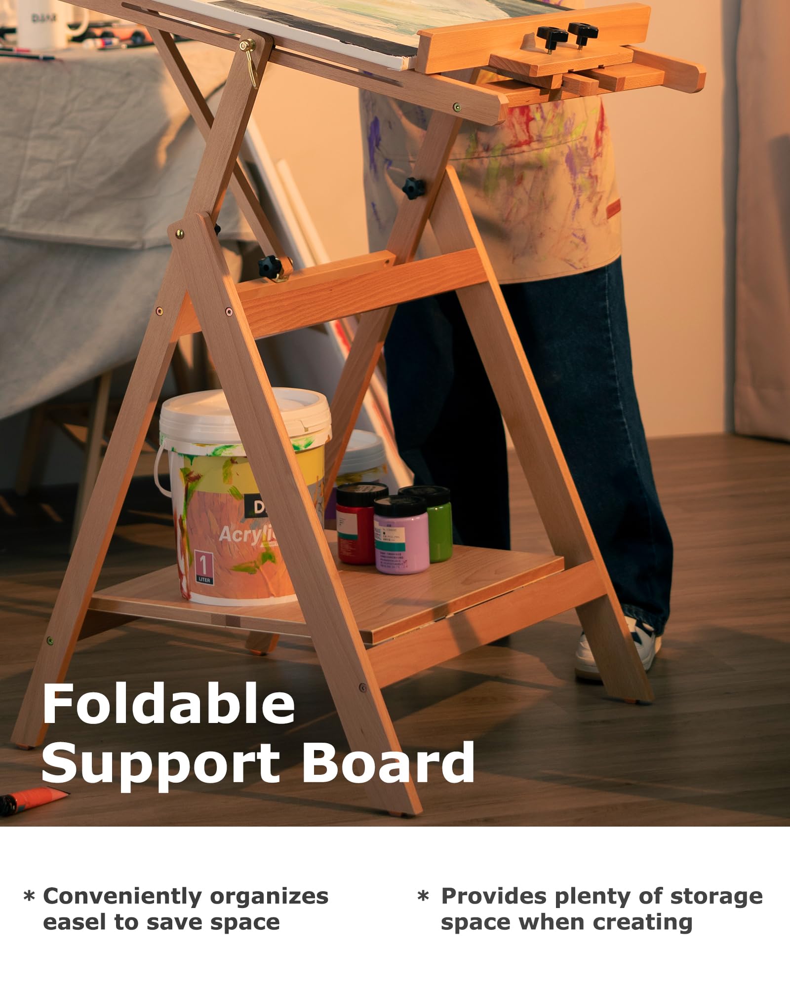 Kurtzy 190 cm Houten H-Frame Studio Ezel met Artiesten Opslag Lade – Aanpasbaar tot Hoog – Grote Kunst Ezel met Canvas Houder – Stevig Berkenhout – Vertoon Schilderijen & Portretten
