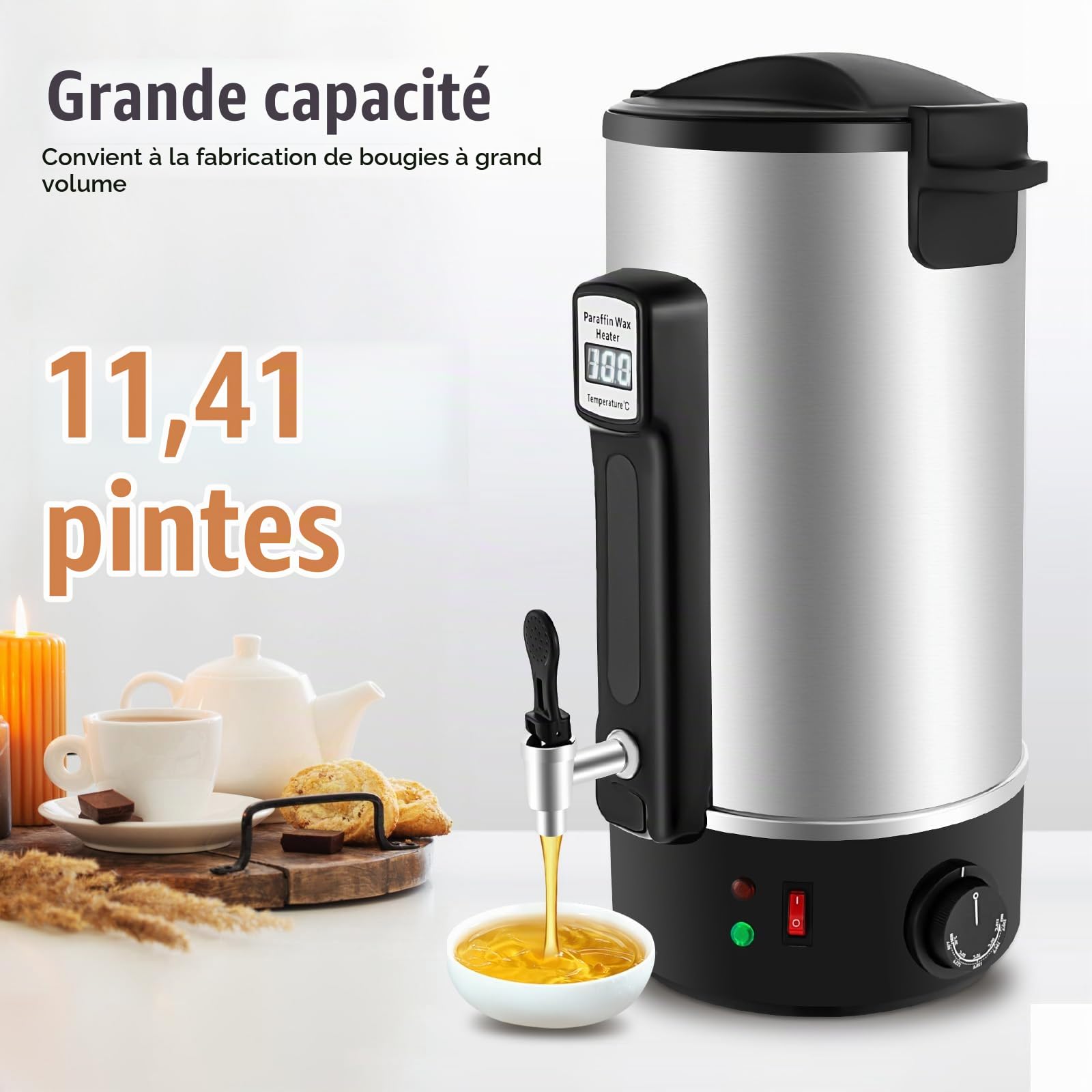 Fondoir Cire Bougie Machine Pot De Fusion Cire éLectrique Acier Inoxydable 10.8L, 1100 W Bec Verseur Machine à Fondre La Cires RéGlage 30-110 ℃, Affichage Numérique LED, Pour Fabrication De Bougie