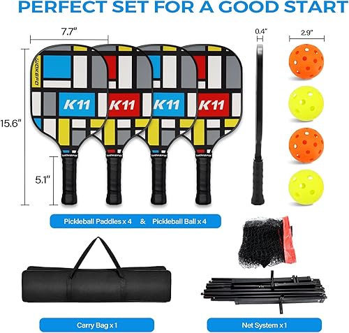 Miniatura 2 de Juego de pickleball con red y paletas, juego de 4 jugadores, paletas de madera multicolor, red portátil de 22 pies, 4 bolas, juego de 4 paletas de