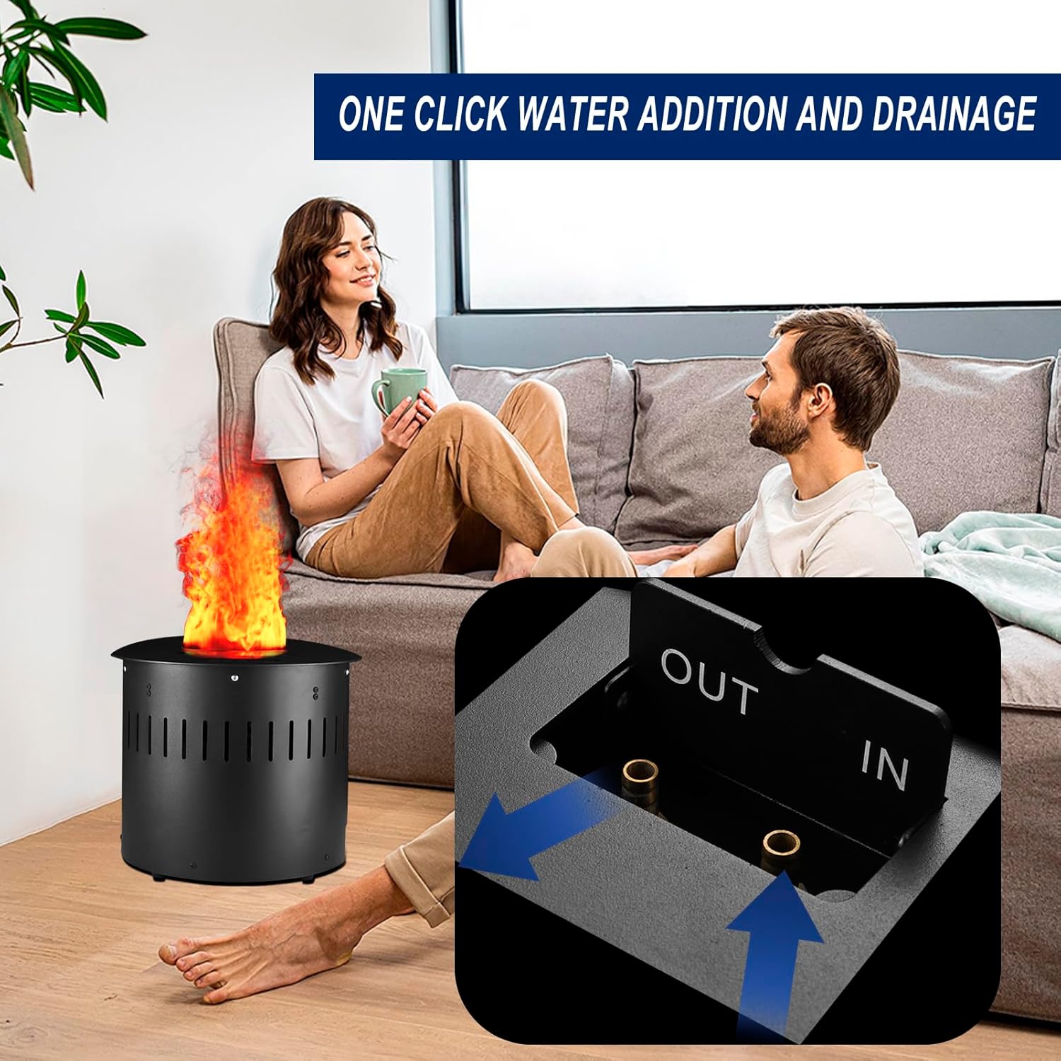 Round 3D Water Vapor Fireplace Electric Ionized Mist Humidifier Realistic Flame Touch/Remote Control Circular LED Steam Atomizing Electric Fire Places(Classic Flame, 15”)