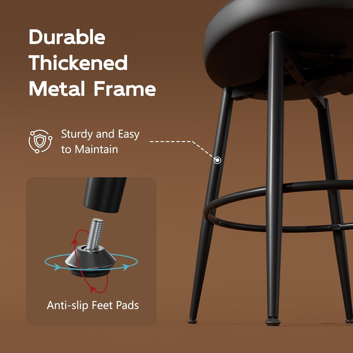 Bar Stools Set of 4, 26" Counter Height Swivel Bar Stools, Upholstered Leather Barstools with Back Footrest Metal Legs, Stools for Kitchen Island, Home Bar, Dining Room Black