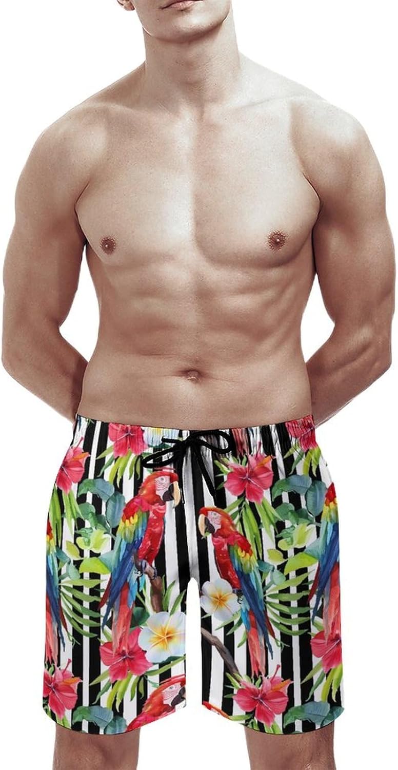 Macaw Parrot Flowers Casual Men's Swim Trunks Novelty Summer Beach Shorts Swimwear with Pocket