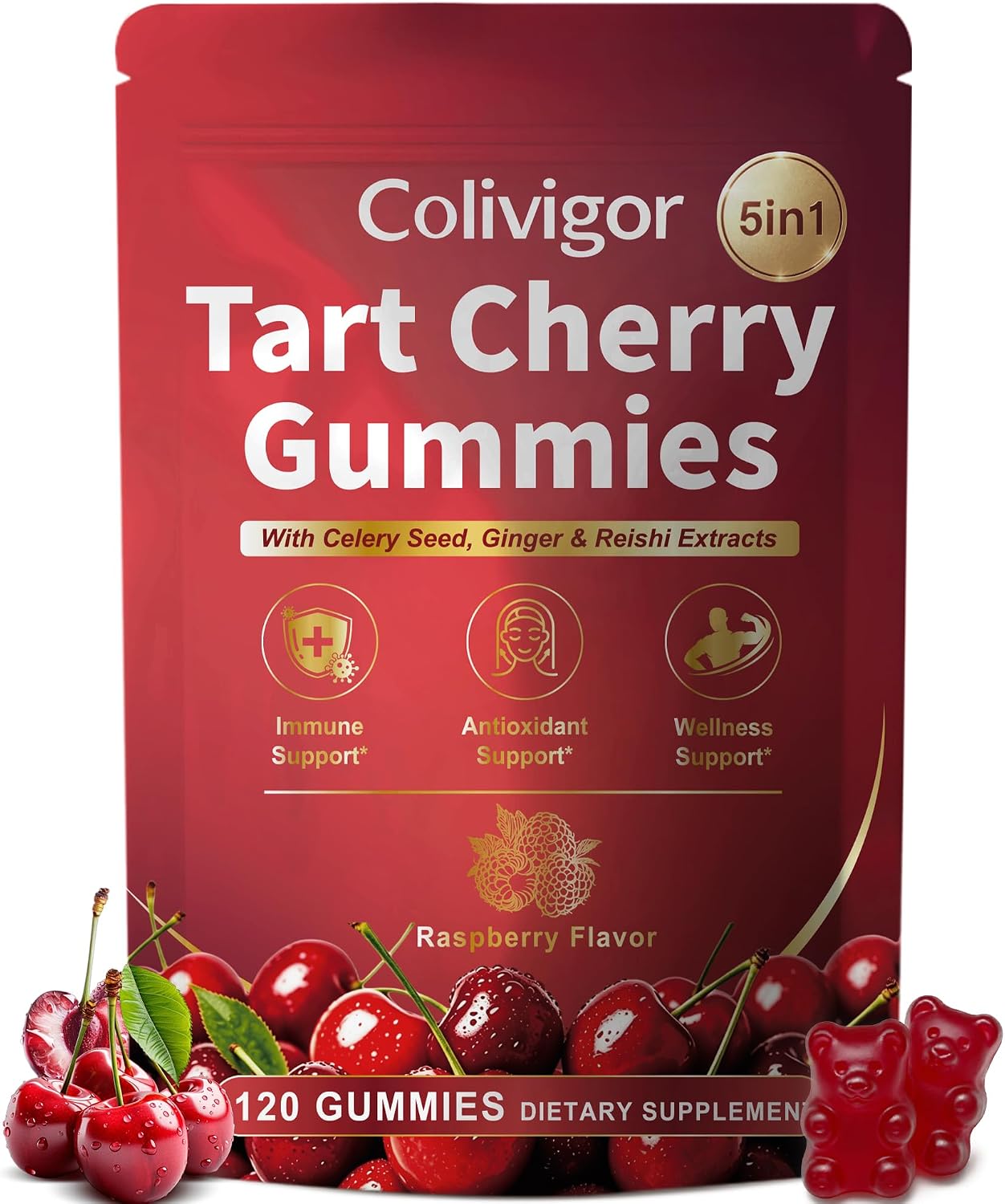 Tart Cherry Gummies | 120 Gummies | 1000mg Tart Cherry Extract with Celery Seed, Ginger, Reishi Mushroom & Quercetin | Sugar Free | Antioxidant Supplement