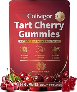 Tart Cherry Gummies | 120 Gummies | 1000mg Tart Cherry Extract with Celery Seed, Ginger, Reishi Mushroom & Quercetin | Sugar Free | Antioxidant Supplement