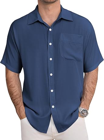 URRU Mens Shirts Casual Short Sleeve Button Down Shirt Summer Dress Shirts Loose Fit Beach Shirts Vacation Tops