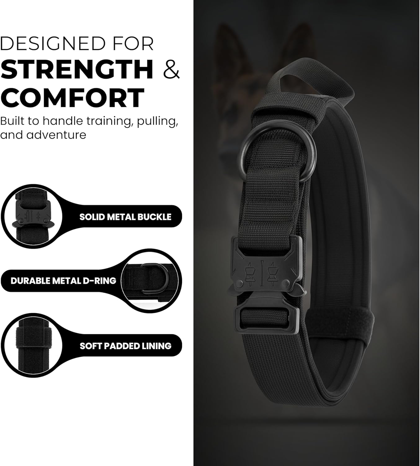 Heavy Duty Tactical Dog Collar – Adjustable Training Collar with Metal Buckle for Large Dogs – Durable, Comfortable, Secure Fit – The Pup Quartet (Black, XL)