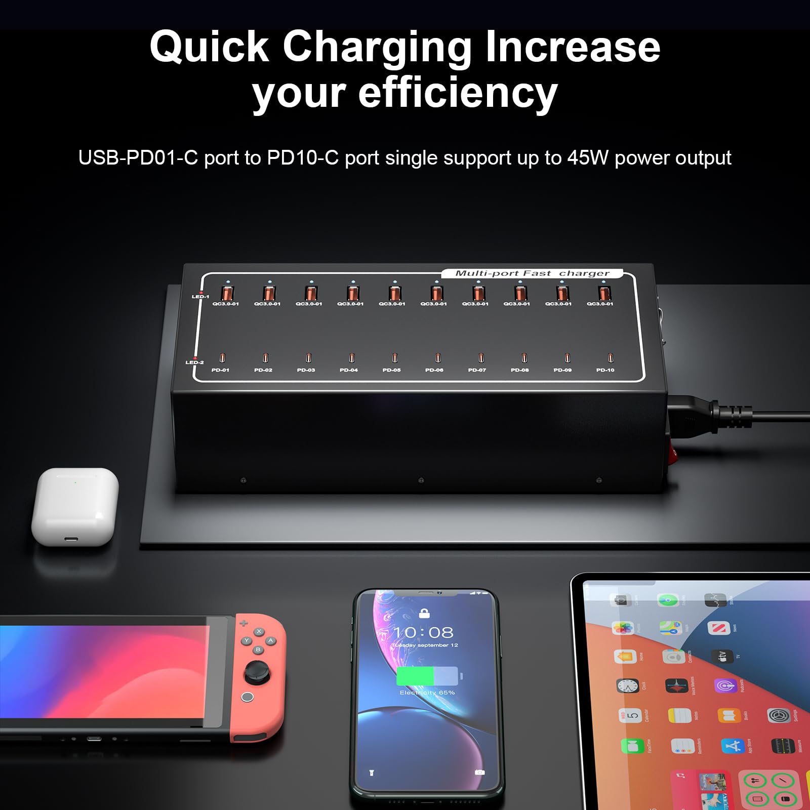 Estación de carga USB de 400 W, 20 puertos (10 USB C + 10 USB A) estación de carga rápida, protección inteligente, soporta carga rápida para MacBook, iPhone, teléfono Android, iPad, tabletas y otros