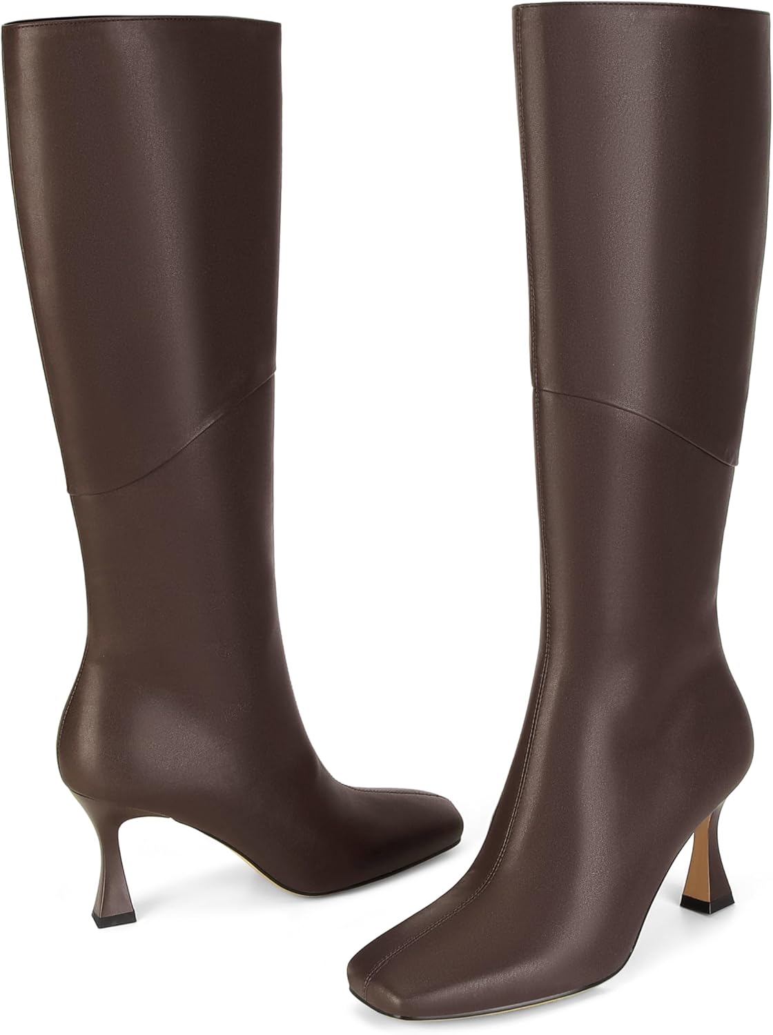 DOEYG Black Leather Knee High Boots for Women Kitten Heel Tall Boots Square Toe Stiletto Heels Heeled Boots Dressy Fashion Long Boots with Side Zipper