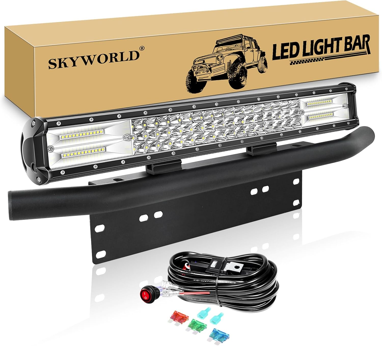 SKYWORLD LED Light Bar, 7D 20 inch 288W Spot Flood Combo Beam Work Driving Lamp with Black License Plate Mounting Bracket 12V Wiring Harness Kit On Off Switch for Truck Car ATV SUV 4X4 Boat Light + Bracket + 12V Toggle Wiring