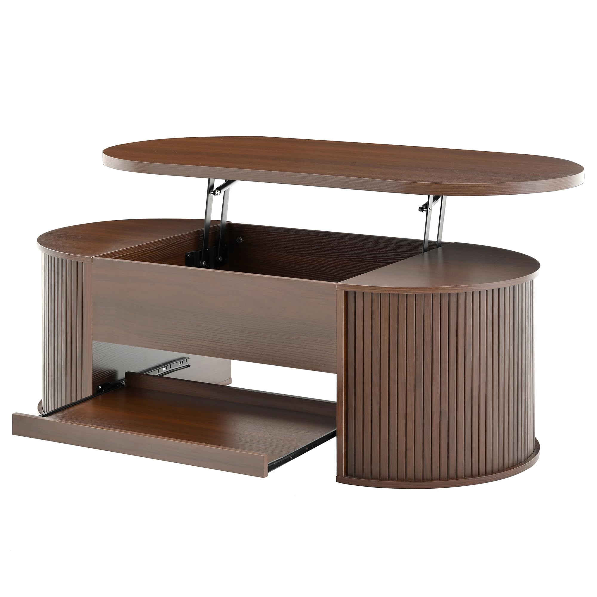 Mesa de centro elevable, mesa de centro con lados curvos de madera, estante extraíble, tablero elevable, mueble de salón multifuncional (nogal)