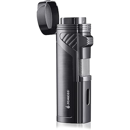 TOMOLO Torch Lighter Quadruple 4 Jet Flame Refillable Butane Cigar Lighter with Cigar Punch,Gift Box(Gunmetal)