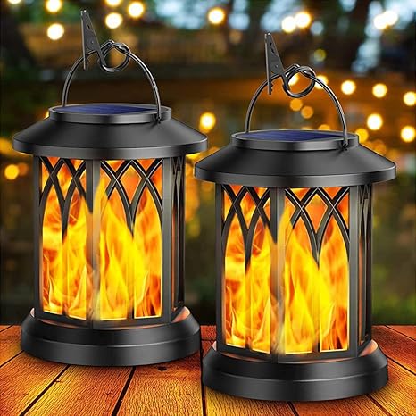 2 Pack Solar Lanterns With Dancing Flame Effect - Hemp Rope Outdoor Flame Lights For Garden, Patio, Camping Decor