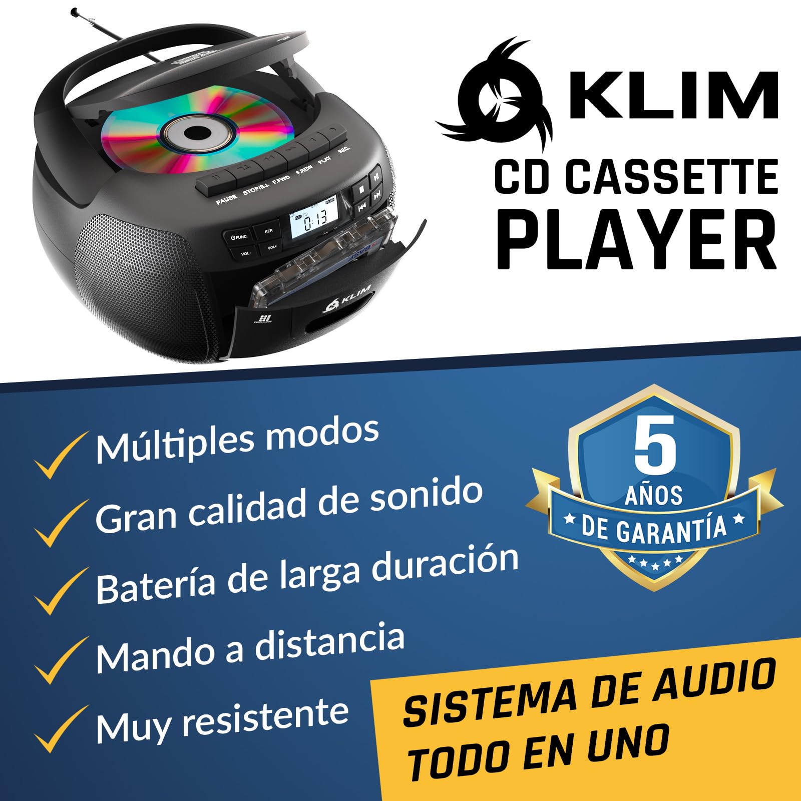 KLIM CD Player + Reproductor Cassette, Am/FM Radio y Bluetooth, Control Remoto, Radio Cassette y Grabación en Cinta, USB, AUX, Reproductor CD con Sonido Estéreo