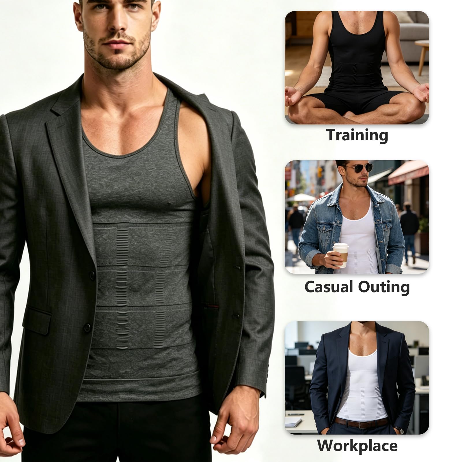 Lot de 3 débardeurs de compression amincissants pour homme - Contrôle du ventre - Sans couture - Respirant - Pour le sport quotidien