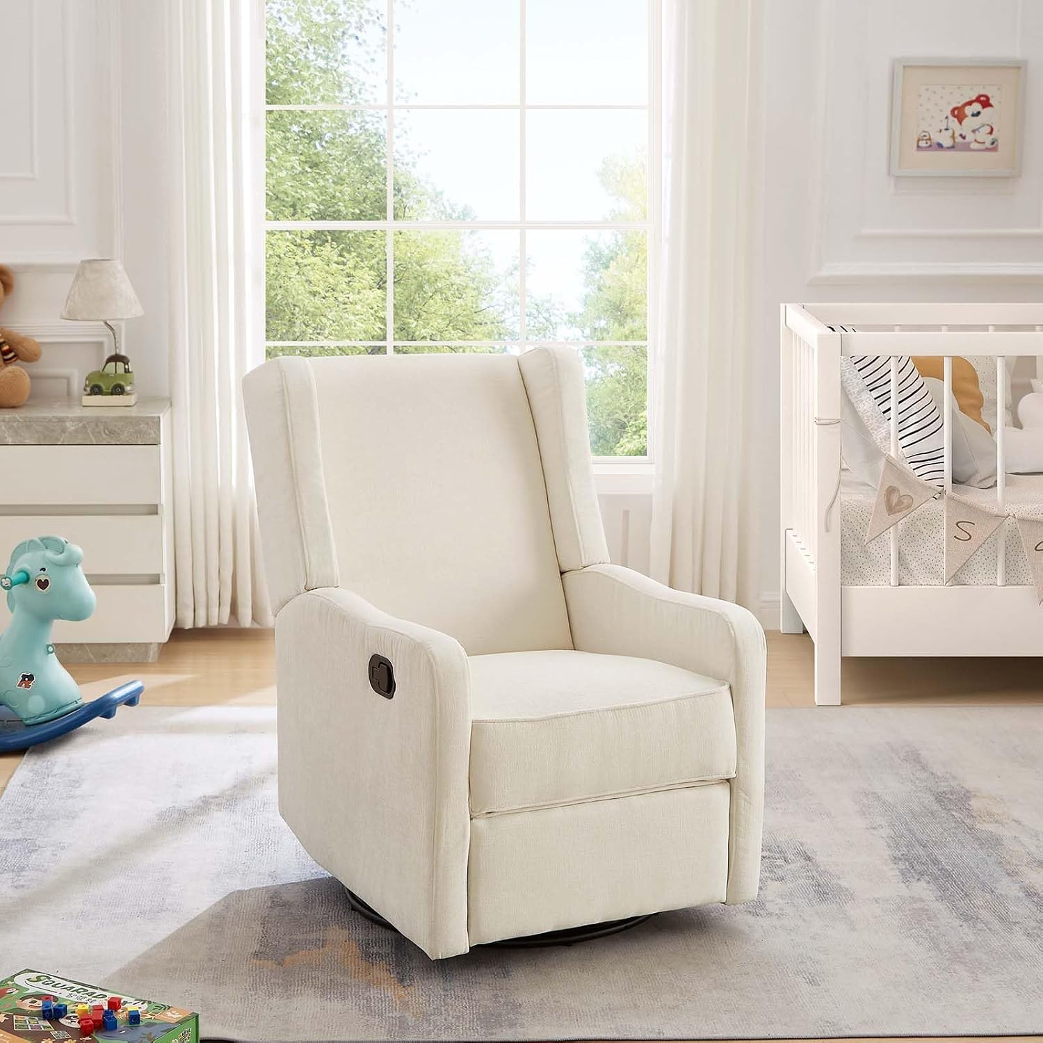 360 Swivel Glider Rocking Chair for Nursery, Beige Recliner Chair | Modern, Ergonomic, Lounge, Gaming | Chenille Fabric | Wingback Upholstered Rocker Recliner Living Room Bedroom Theater Seating