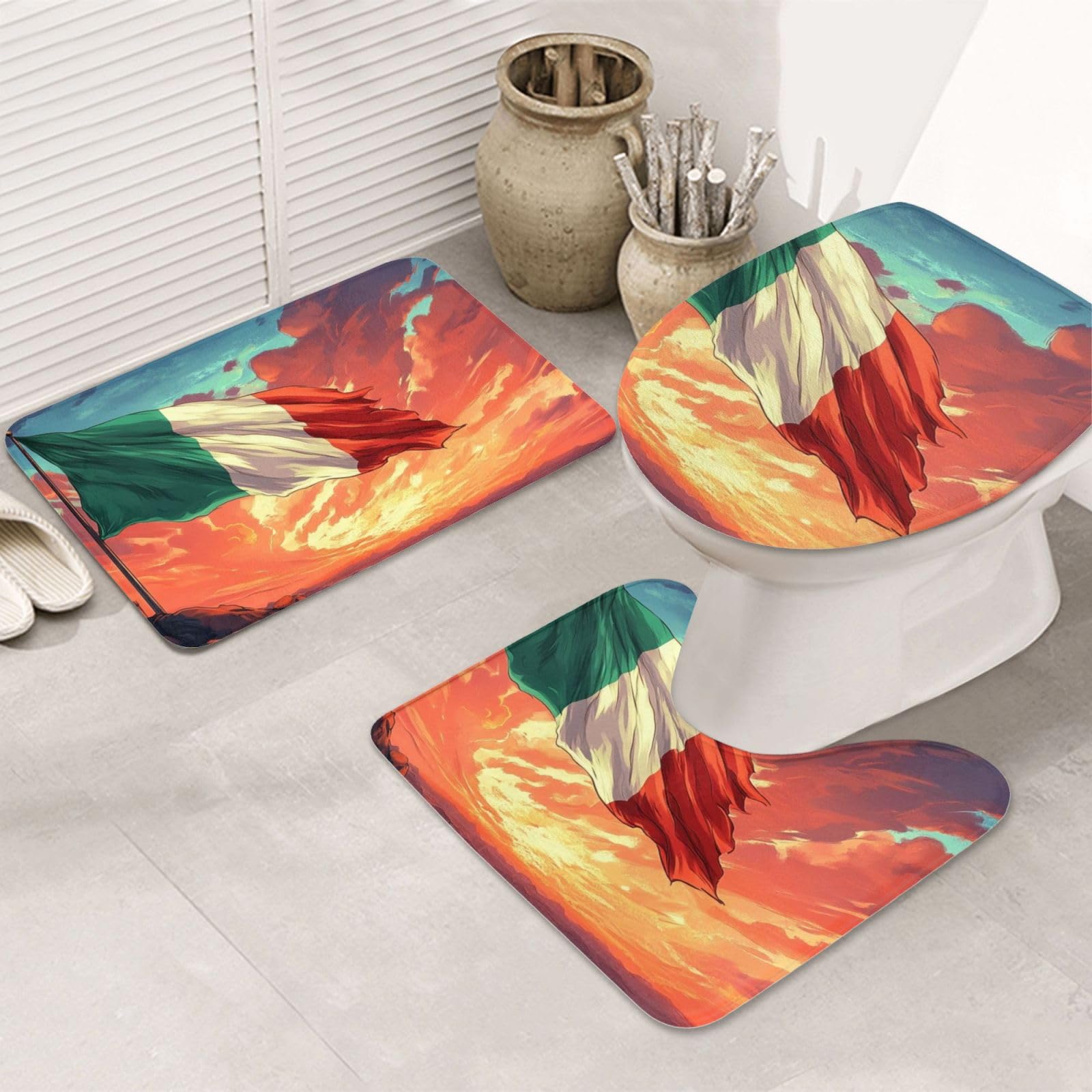 Juego de alfombras de baño de 3 piezas, diseño de puesta de sol, nubes, bandera nacional, tapetes de baño de espuma viscoelástica suave y absorbente y alfombra de inodoro en forma de U, decoración del