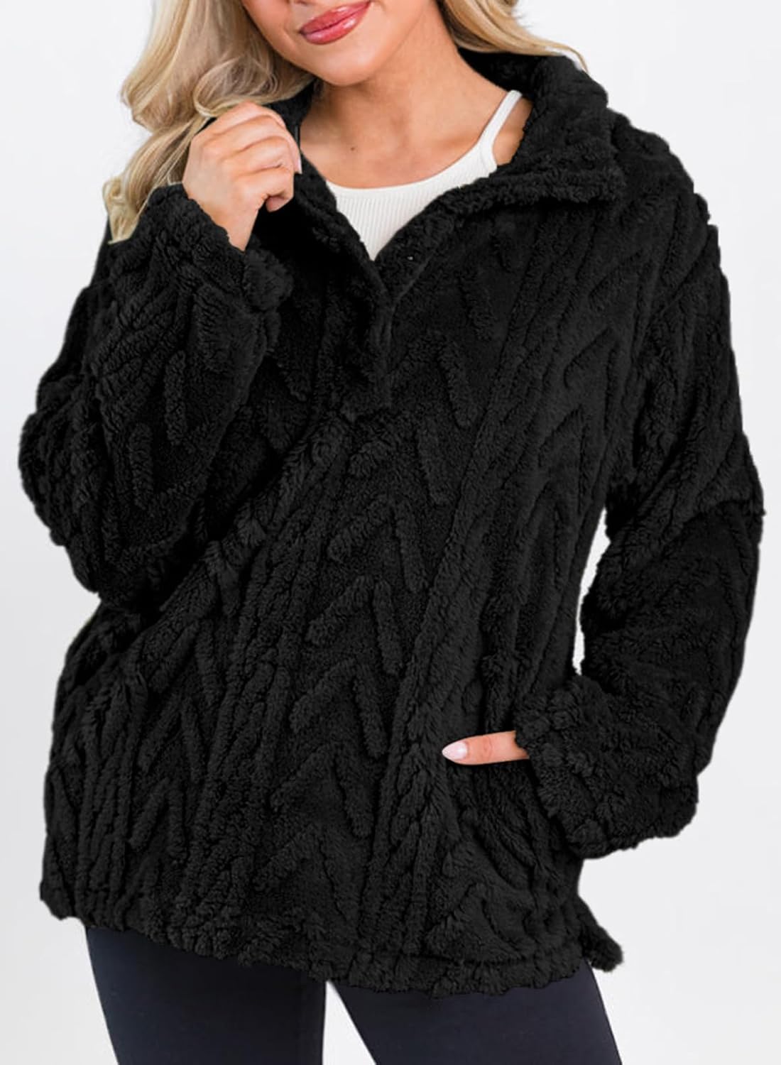 BLENCOT Womens Casual Button Down Collar Pullover Fleece Sweatshirt Long Sleeve Tops Warm Sherpa Coat Jacket Pockets - Image 6