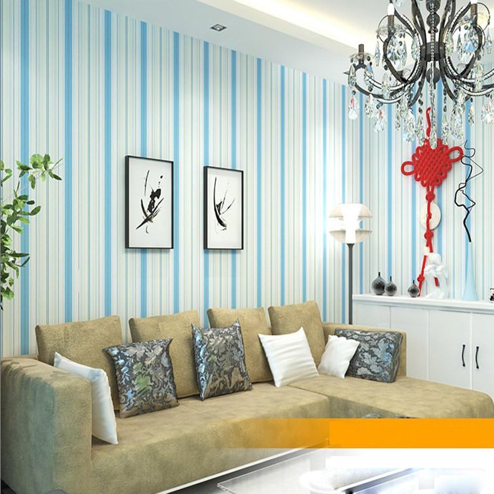 QIHANG Mediterranean-Style Striped Bedroom Wallpaper Background Wallpaper Living Room Blue Color 0.53m x 10m=5.3m2