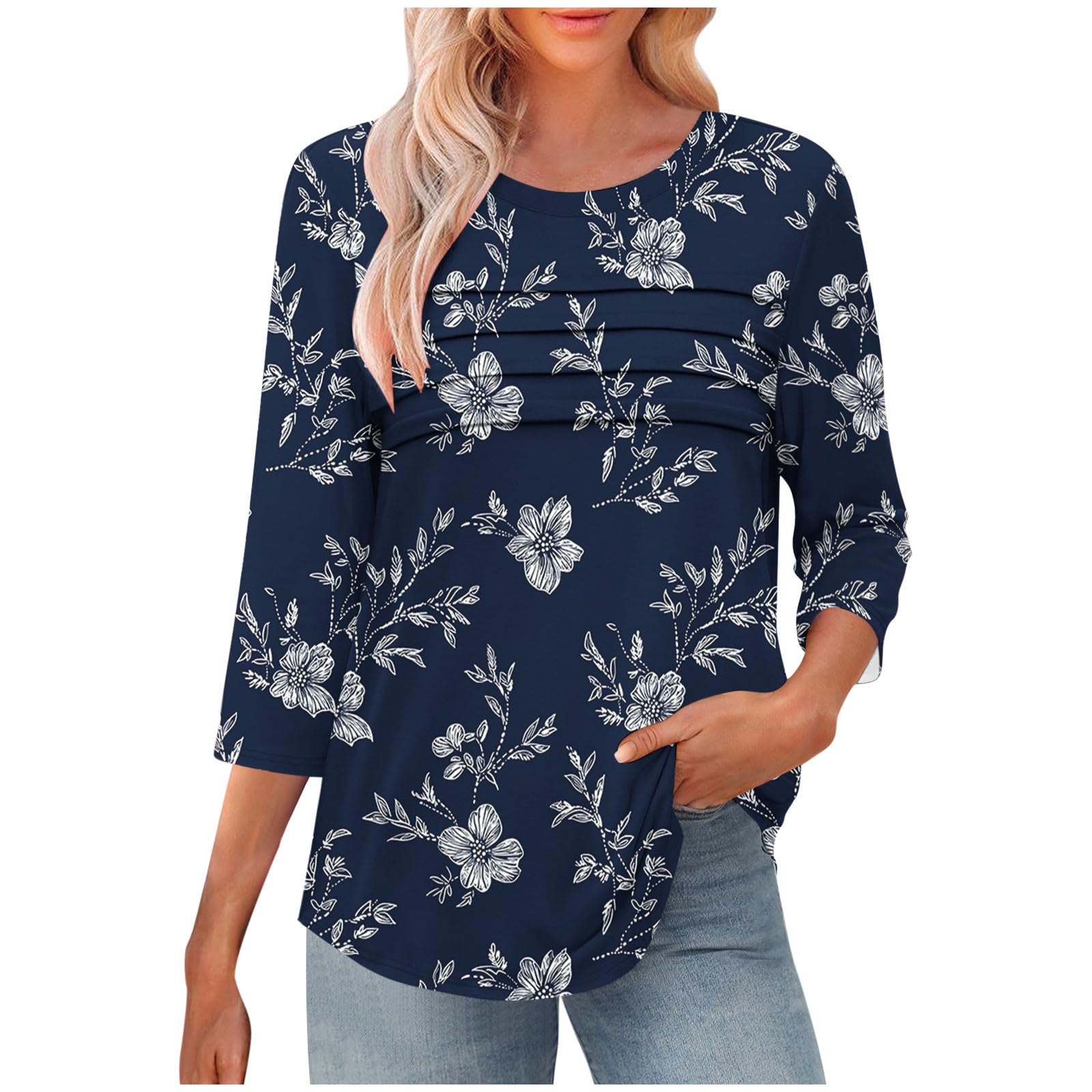 3/4 Sleeve T Shirt for Women,Womens Dressy Casual Crewneck Print Shirts Lightweight Fashion Loose Pullover Tops