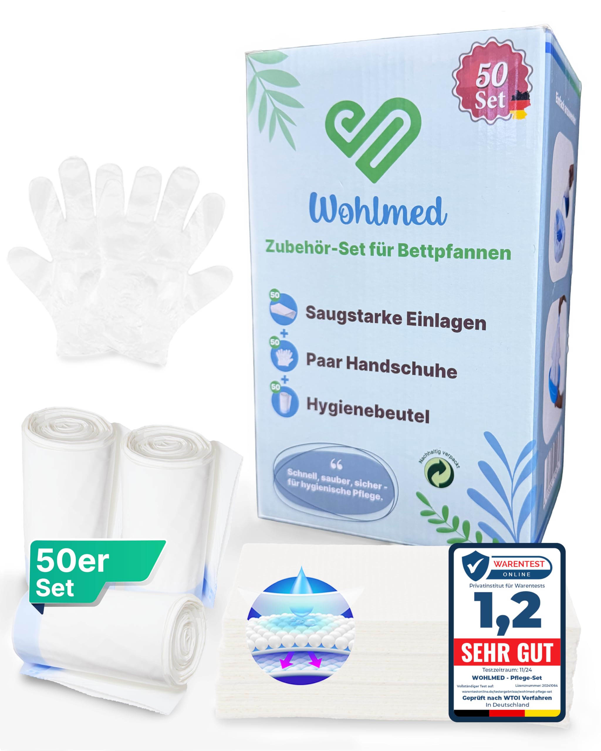 50er Set dichte Toilettenbeutel und saugstarke Einlagen, inkl. 50 Paar Handschuhe, reißfest und auslaufsicher, hygienisch und geruchsbindend ideal für Bettpfanne, Toilettenstuhl und Camping