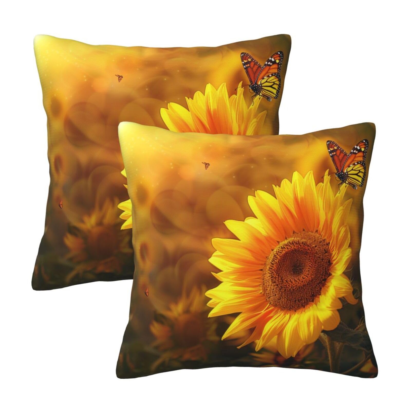kkvhhyuo Sunny Sunflower Butterfly Print Pillow Covers Set of 2, Square Decorative Cushion Covers with Hidden Zipper, Throw Pillow Cases for Living Room Sofa Bed Chair, 50x50 cm