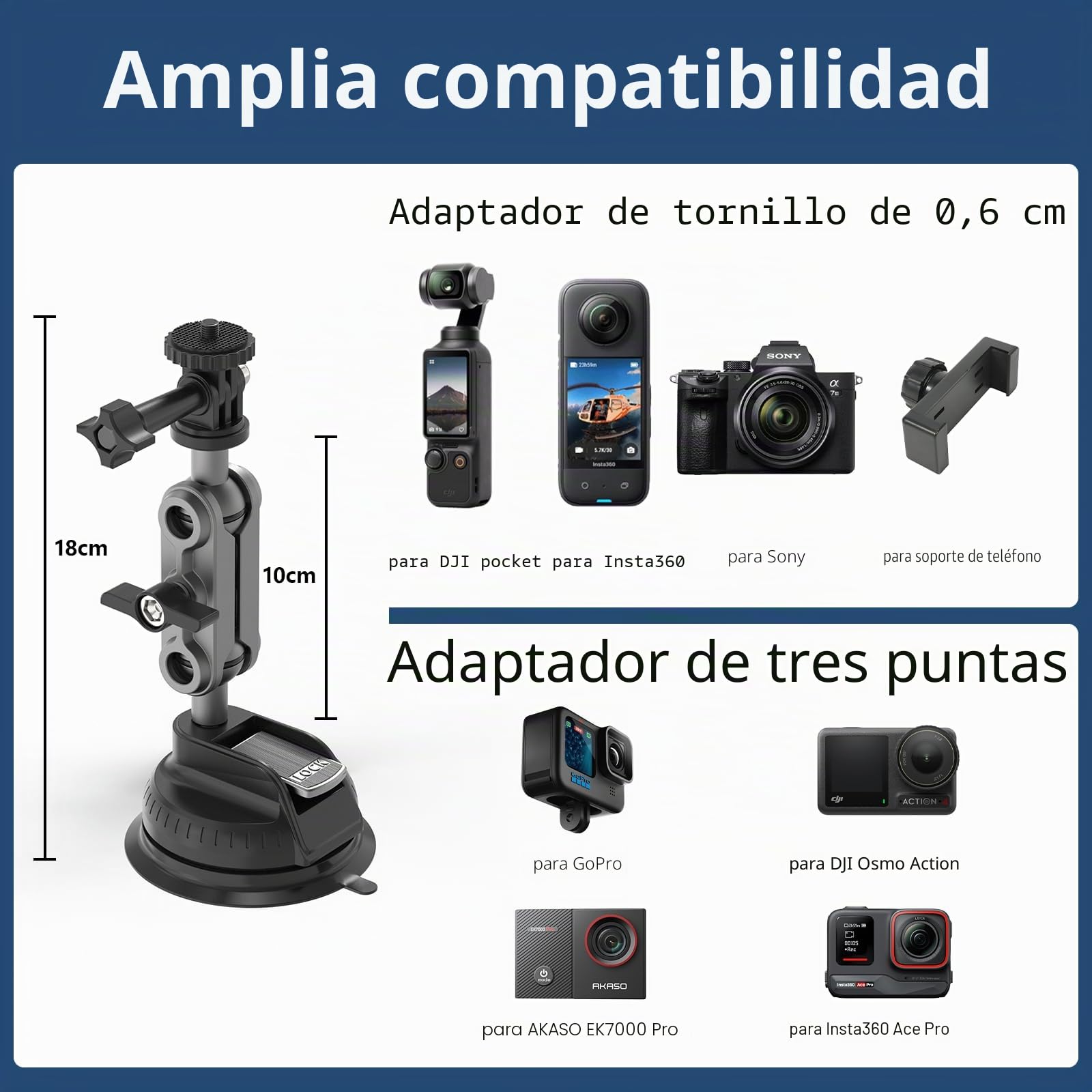 Wiseten Soporte de Ventosa Insta 360 X5 X4 X3 dji Osmo 360 Hero 13 12 11 10 9 Black, Ventosa Soporte con Cabeza de Bola Doble Rotación 360°, Montaje en Parabrisas o Ventana del Coche Accesorio