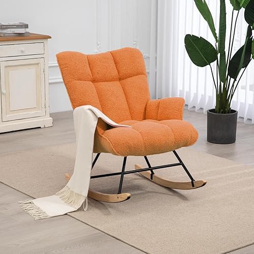 Miniatura 10 de Silla Mecedora para Cuarto de Bebé Teddy Tapizada Mecedora Deslizante Silla de Acento Mecedora Asiento Acolchado con Respaldo Alto Sillón Silla