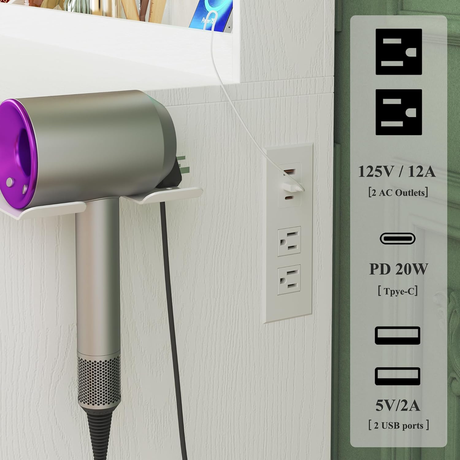 Close-up of the vanity desk's built-in power outlet with AC, USB, and Type-C ports